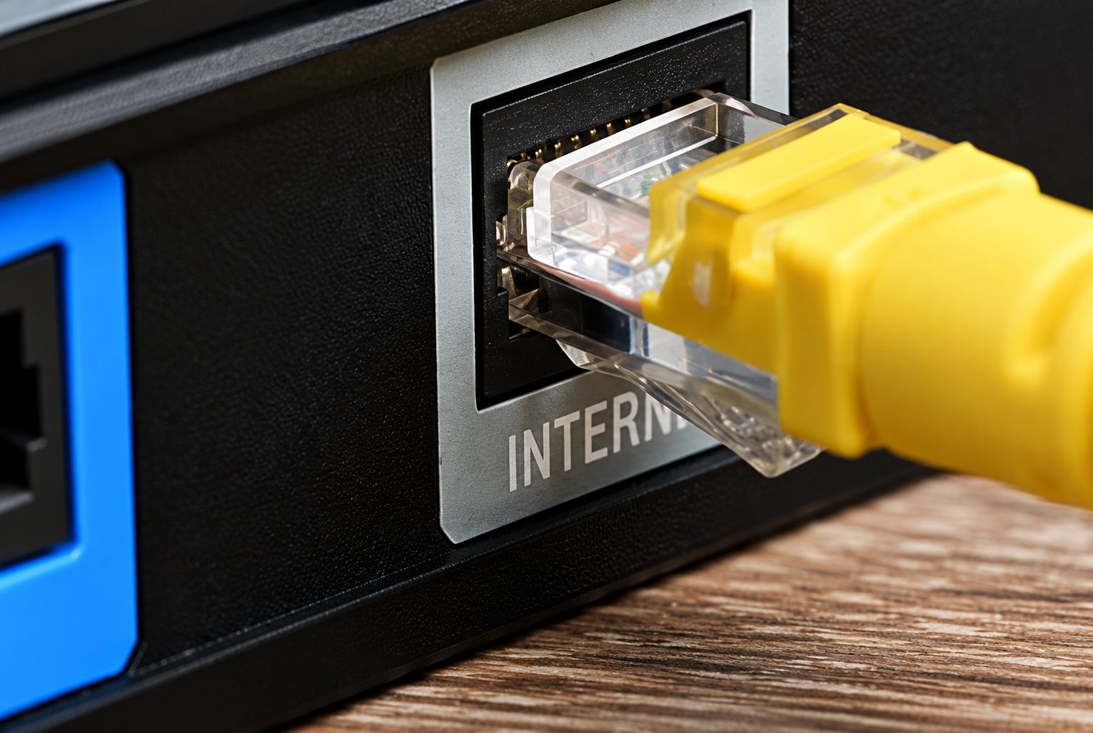 Gros plan sur un câble Ethernet jaune branché dans le port Internet d'un routeur noir posé sur une surface en bois.