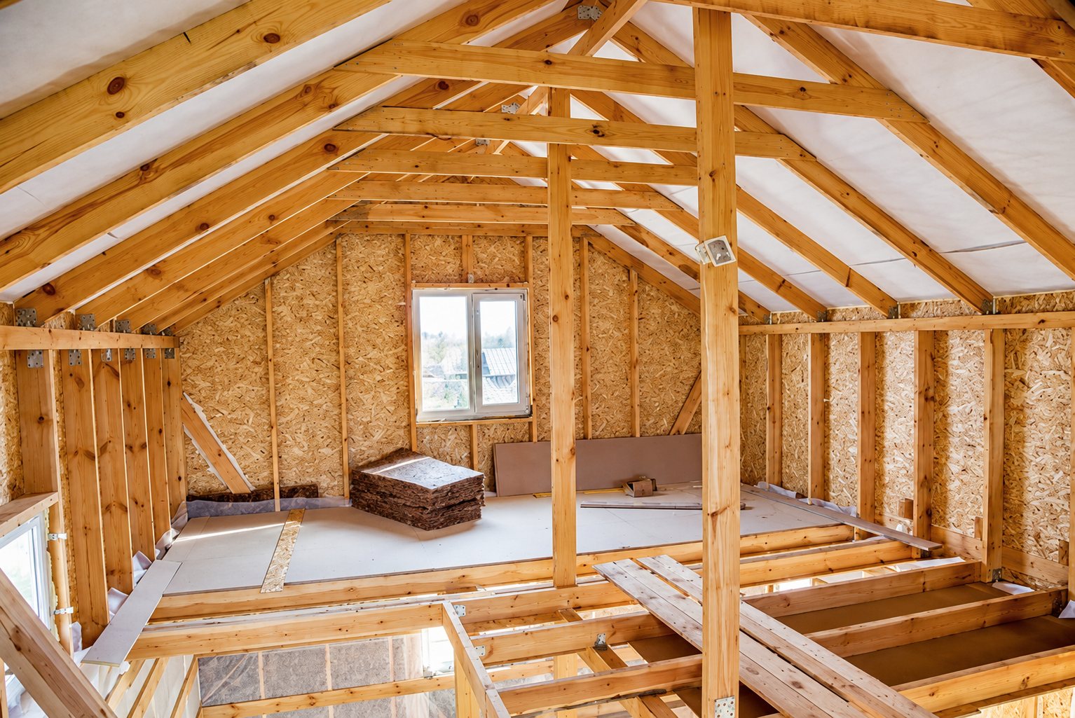 Intérieur de combles en cours d'aménagement, avec charpente apparente en bois, murs en panneaux OSB, une fenêtre et des matériaux empilés au sol.