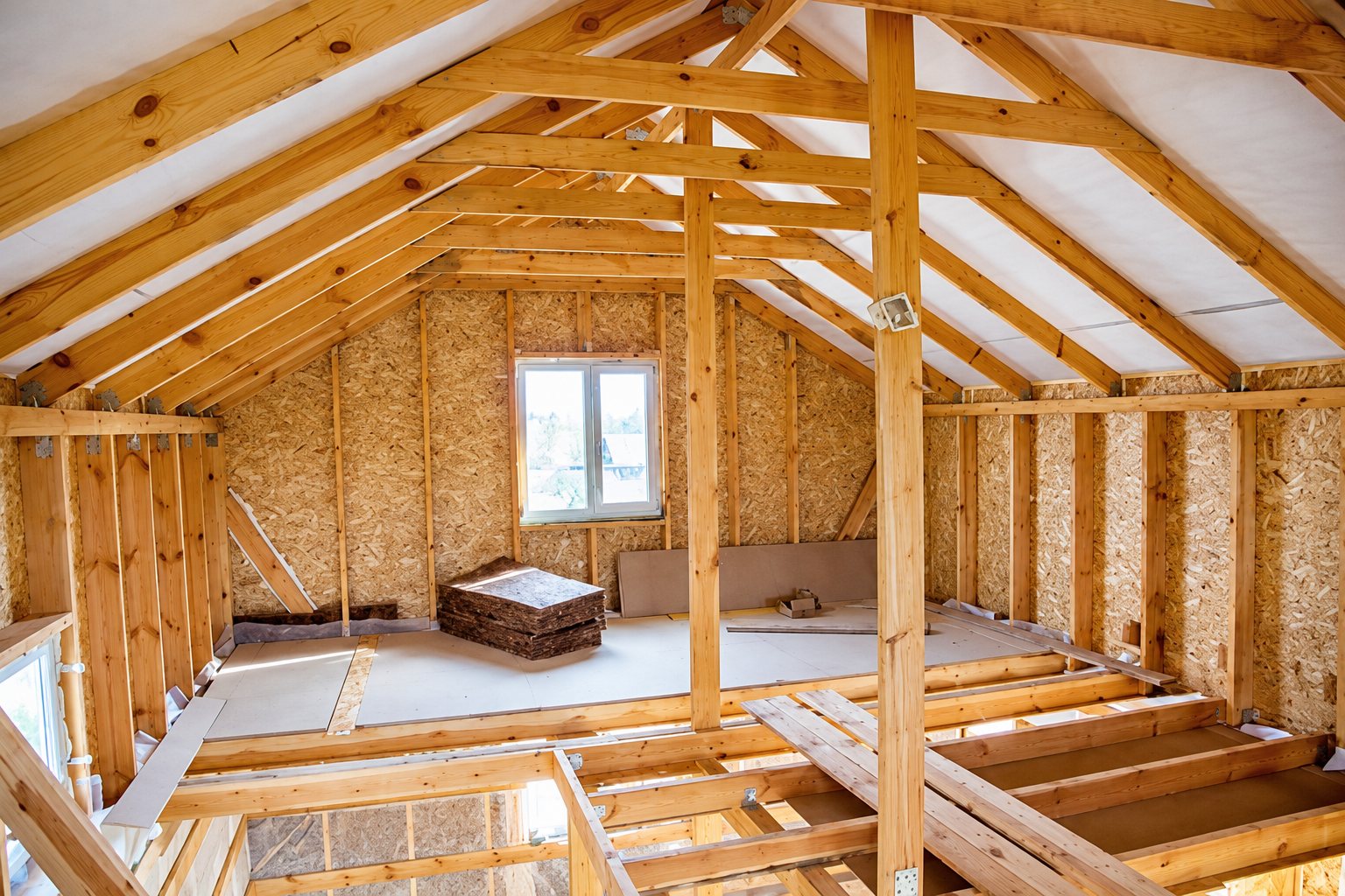 Vue intérieure de combles en construction avec charpente apparente en bois clair, murs en panneaux OSB, une petite fenêtre et des rouleaux d'isolant posés au sol.