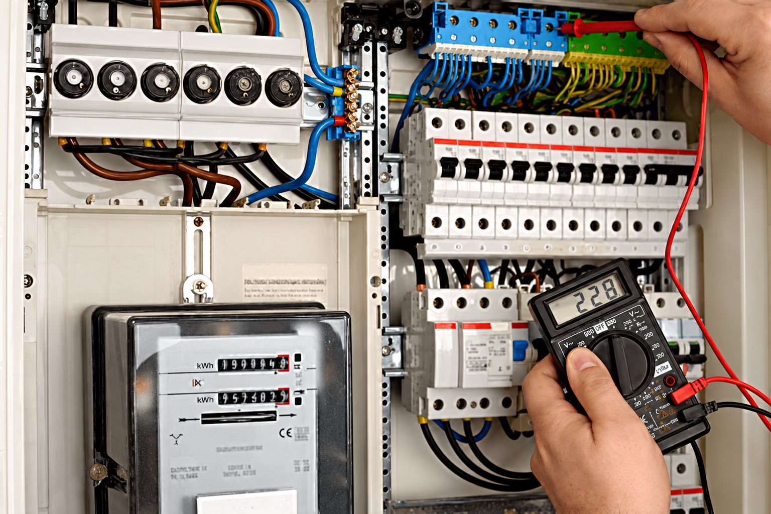 Un électricien contrôle avec un multimètre les disjoncteurs d'un tableau électrique ouvert.