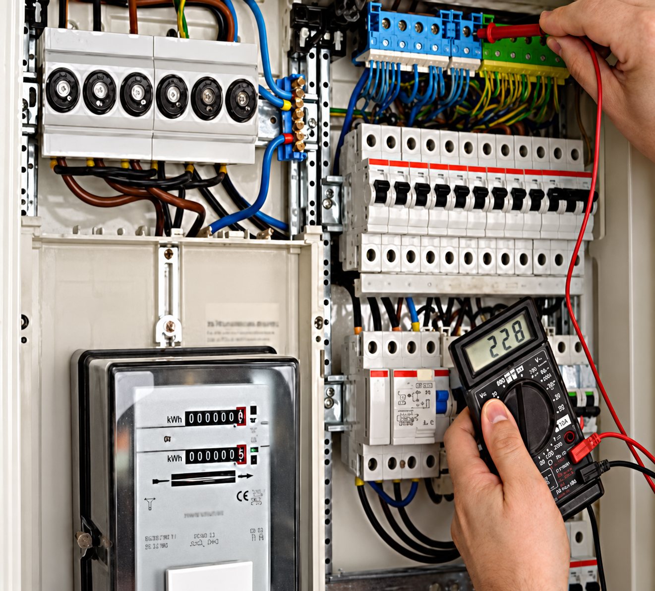 Une main tient un multimètre dont les sondes touchent les disjoncteurs d'un tableau électrique ouvert, à côté d'un compteur.