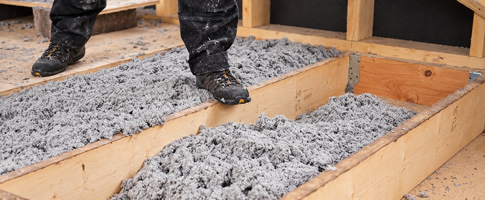 Un ouvrier en chaussures de chantier boueuses se tient au-dessus de solives en bois remplies d'isolant en ouate de cellulose grise.