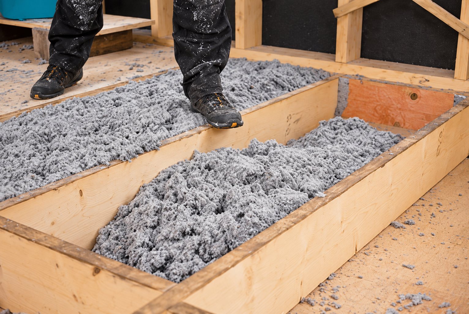 Un ouvrier se tient près de compartiments en bois remplis d'isolant en ouate de cellulose grise lors de travaux d'isolation.
