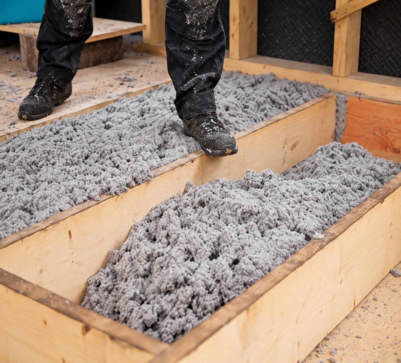 Un ouvrier en pantalon de travail et chaussures de sécurité se tient au-dessus de compartiments en bois remplis d'isolant en vrac gris.