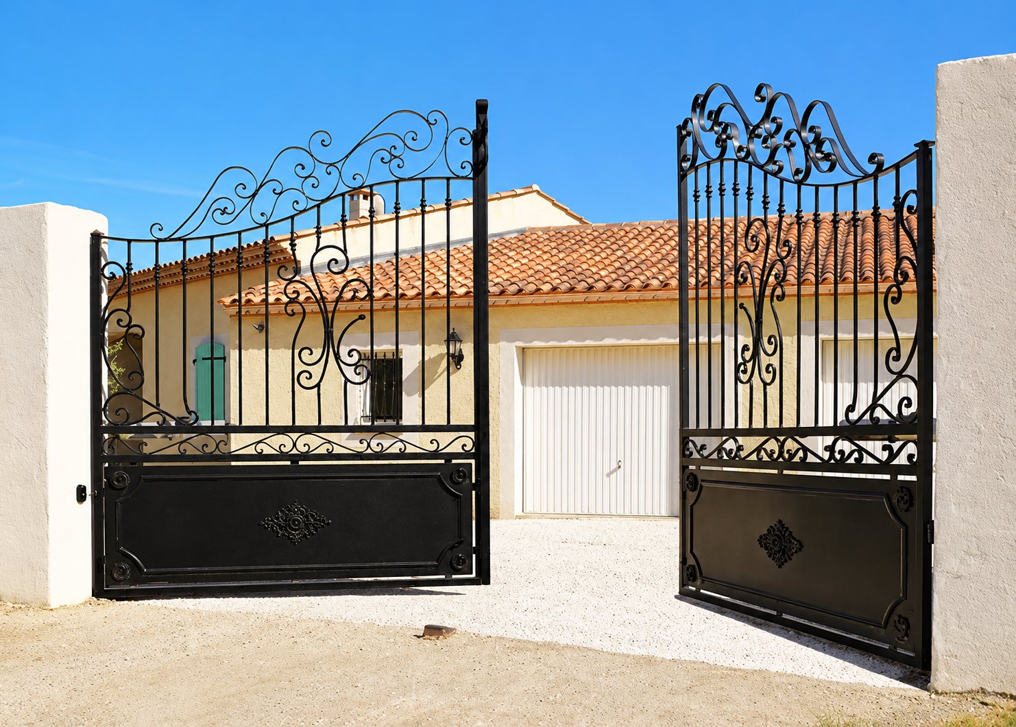 Un portail en fer forgé noir à volutes décoratives, ouvert sur une maison aux murs ocre, au toit de tuiles et à la porte de garage blanche.