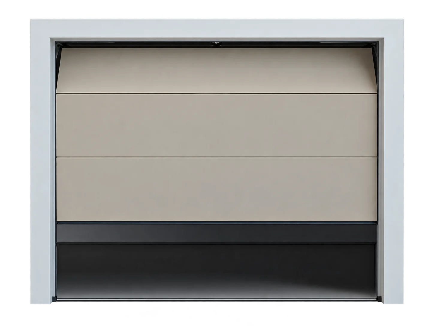 Une porte de garage sectionnelle beige légèrement relevée, encadrée de blanc, devant un mur clair avec un soubassement brun.